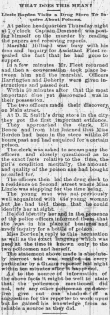 Fall River Globe Lizzie Borden Visits Drugstore to Inquire about Poisons