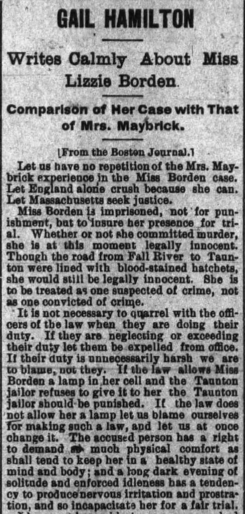 Fall River Evening Daily News Gail Hamilton Writes Calmly About Miss Lizzie Borden